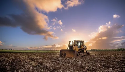 Bulldozer at work in sugarcane fields