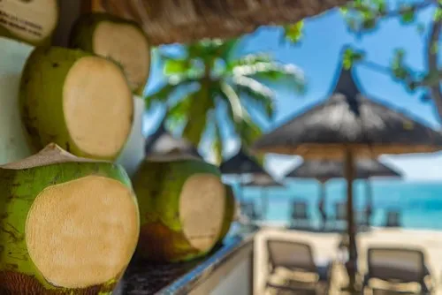 Bunch of green quenching coconuts stacked at bar
