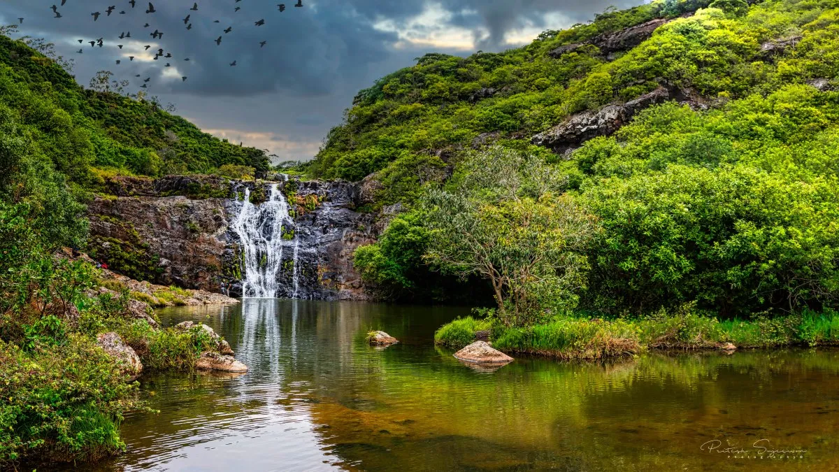7 Cascades waterfall with lush green forest surrounding in Mauritius