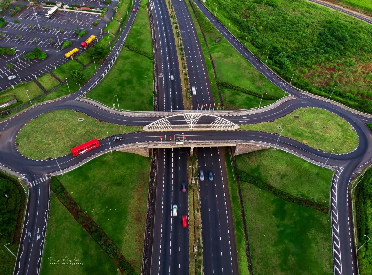 Aerial view of Bagatelle flyover highway in Mauritius showcasing modern infrastructure and road connectivity