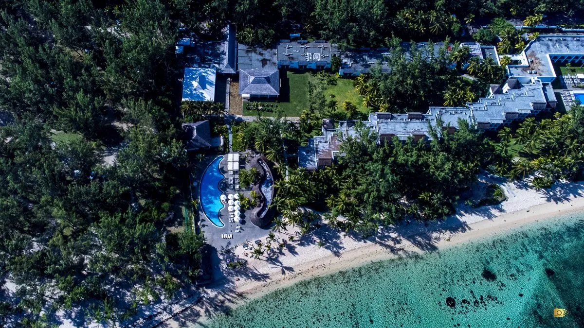 Aerial shot of Riu Le Morne Hotel with pool and beach in Mauritius