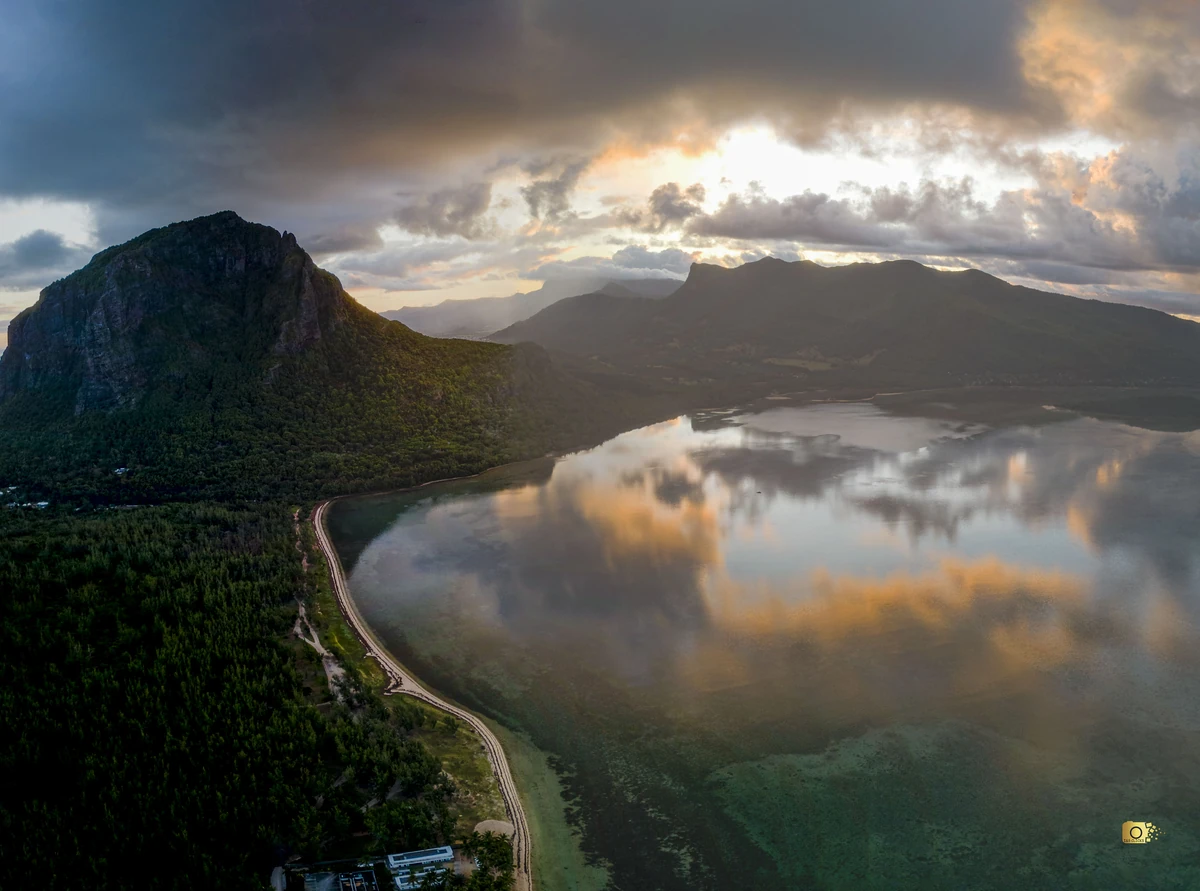 Aerial View of Le Morne Beach at Sunrise, Mauritius