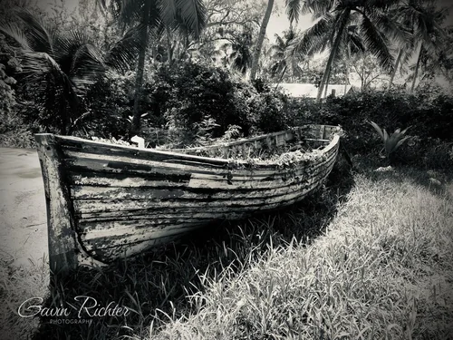 Abandoned Wooden Boat in Black and White