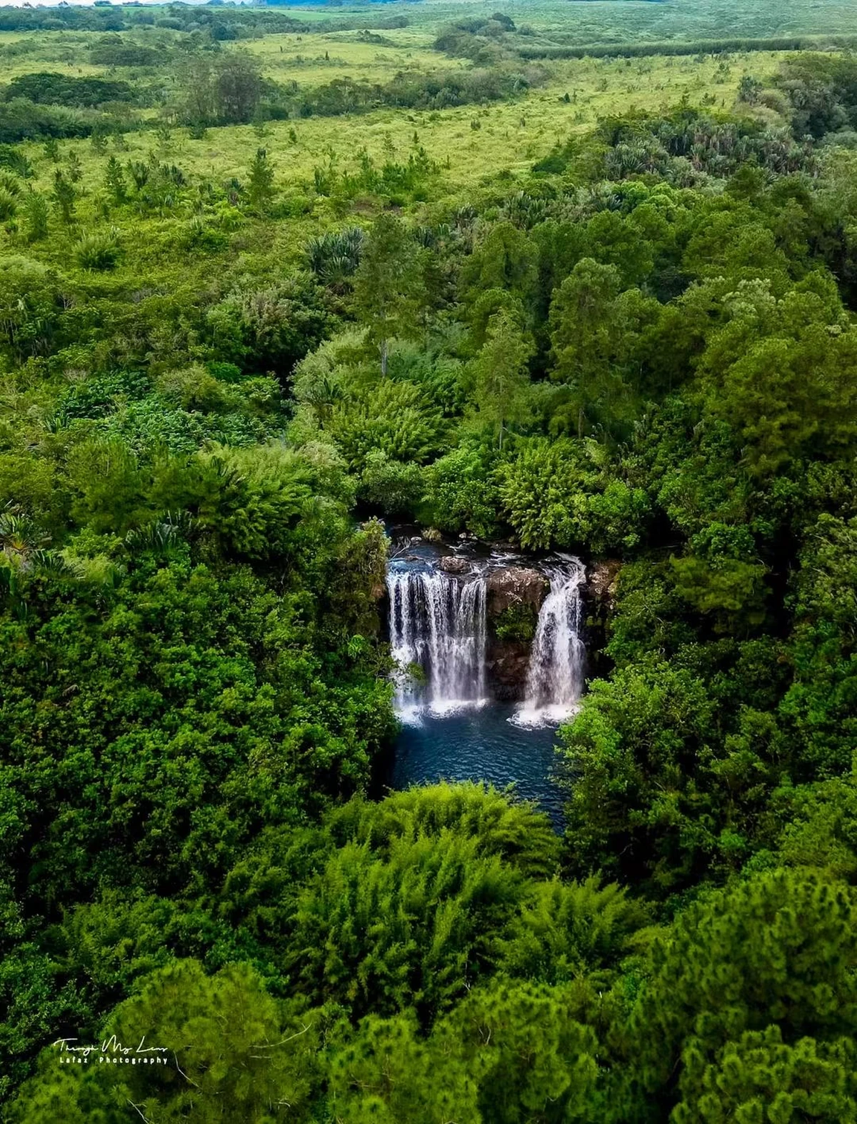 Drone view of Cascade Rioux flowing into a natural pool surrounded by dense green forest near La Flora in Mauritius.