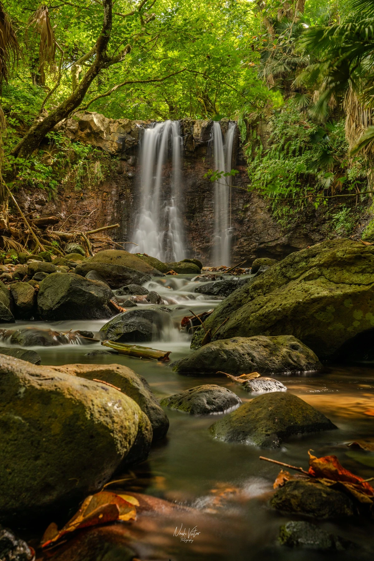 Cascade Mamzelle near Souillac in Mauritius, with water flowing over rocks into a forest stream surrounded by boulders and dense vegetation.