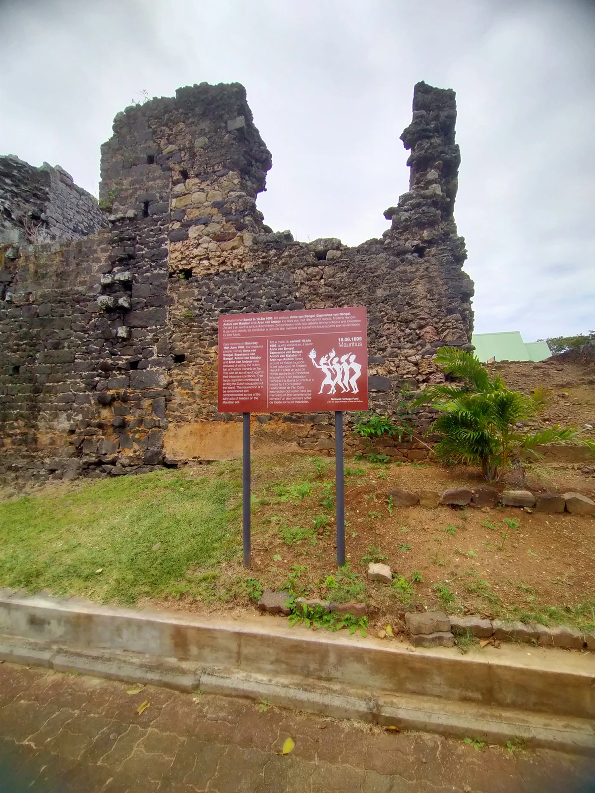 Ruins at the Vieux Grand Port Historic Site in Mauritius, built over the remains of Dutch Fort Frederik Hendrik and linked to the resistance of Anna de Bengal.
