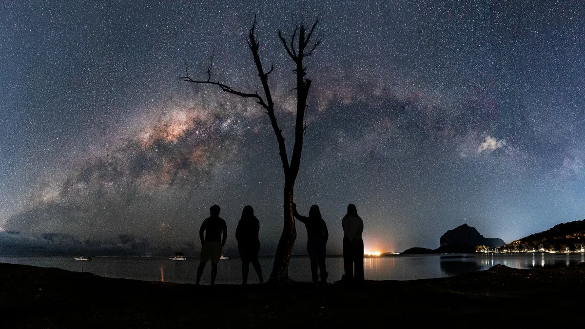 Four people silhouetted beneath the Milky Way above La Prairie beach, with a bare tree, Le Morne Brabant and hotel lights in the distance