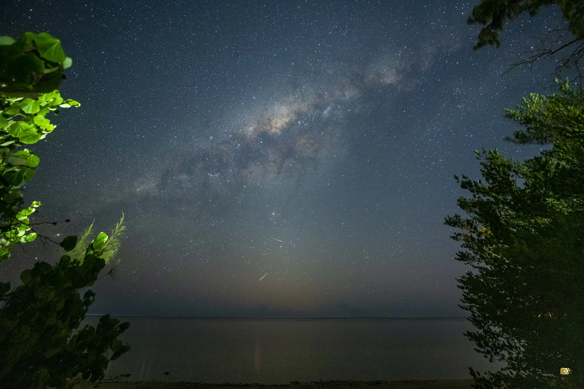 Milky Way galaxy and shooting star trails above La Prairie beach in Mauritius, with a star-filled night sky over the calm Indian Ocean framed by tropical vegetation