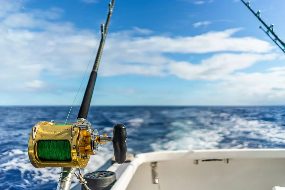 Golden big game fishing rods and reels on a boat ready for offshore fishing in Mauritius