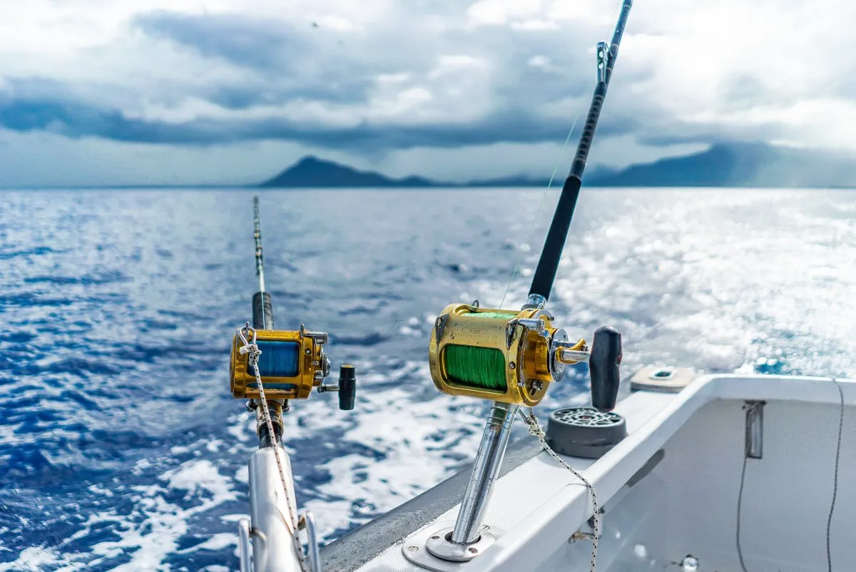 Sea fishing rods and fly lines onboard an offshore fishing boat near Le Morne, Mauritius