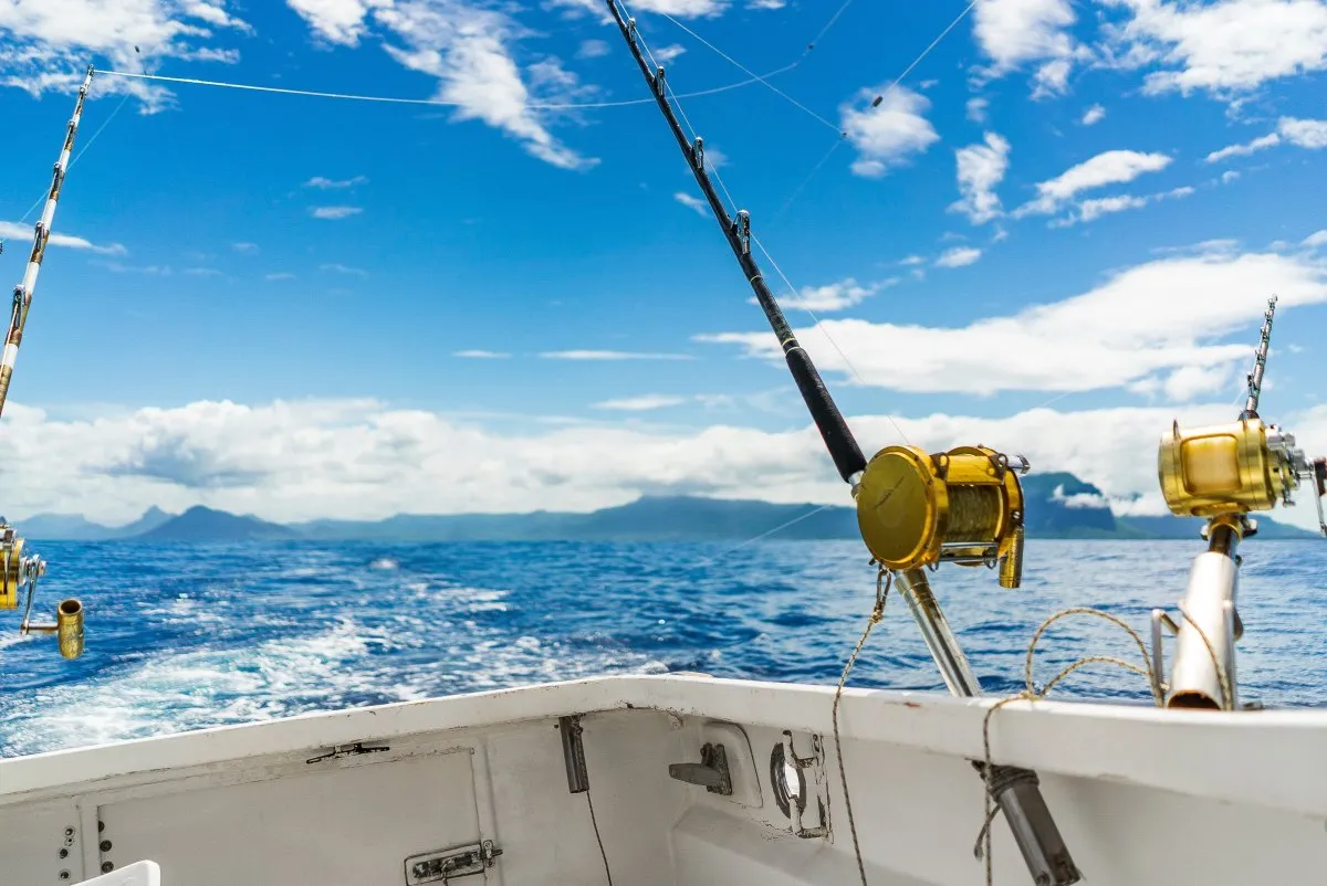 Fishing rods and lines on a boat in the high sea off Mauritius under sunny skies