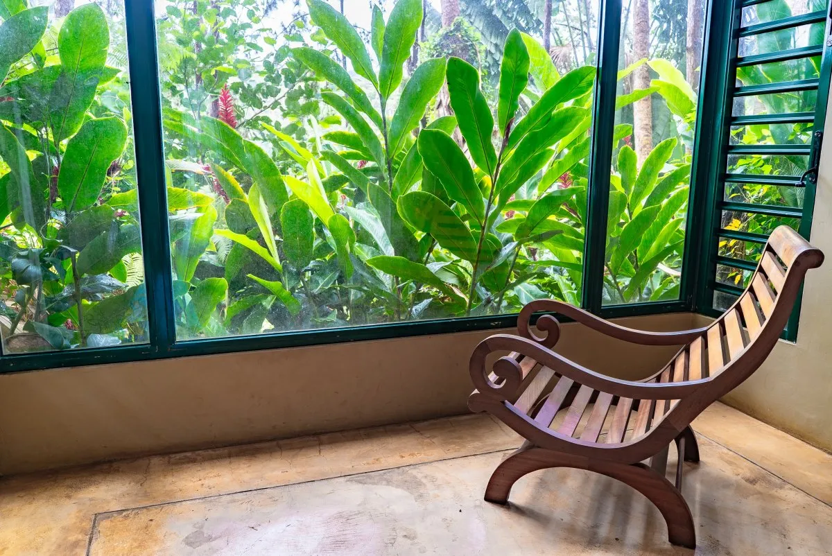 Antique wooden chair near wide bay window overlooking forest at L'Exil Lodges in Mauritius