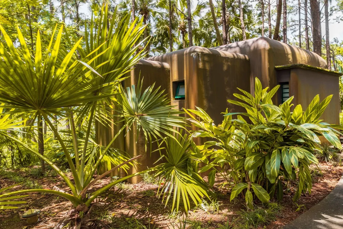 L'Exil Lodges nestled within the lush endemic forest of Mauritius, showcasing natural architecture and greenery