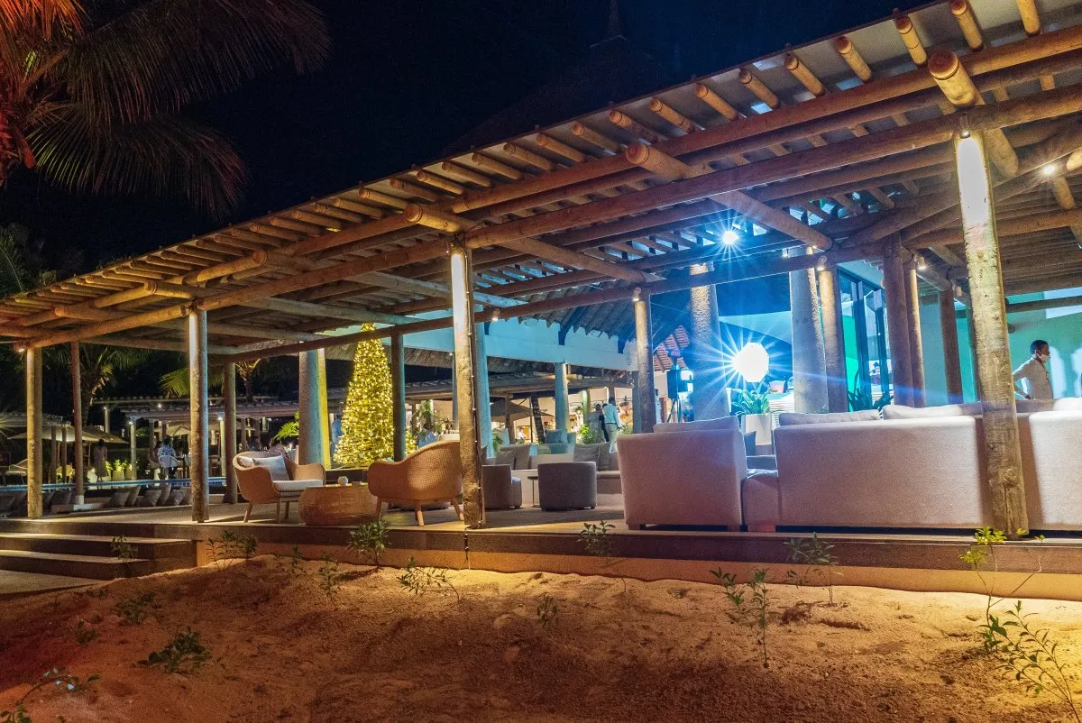 Heritage C Beach Club restaurant & bar with Christmas tree and lounge near the beach in Mauritius