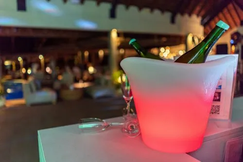 Chilled water bottles in luminous ice bucket