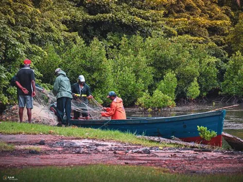 Fishermen preparing nets in Mahebourg