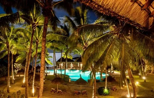 Pool behind coconut trees at night Mauritius