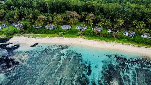 Aerial view of lagoon and villas