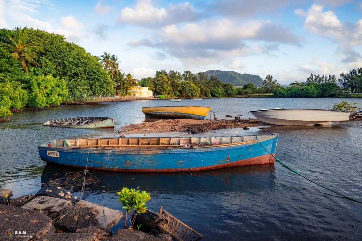Old fishermen boats moored in Mahebourg Bay, Mauritius surrounded by trees
