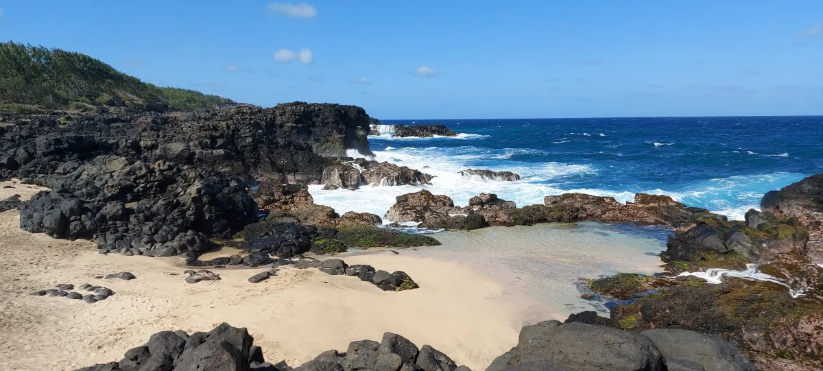 Panoramic view of Savinia rocky beach on the south coast of Mauritius