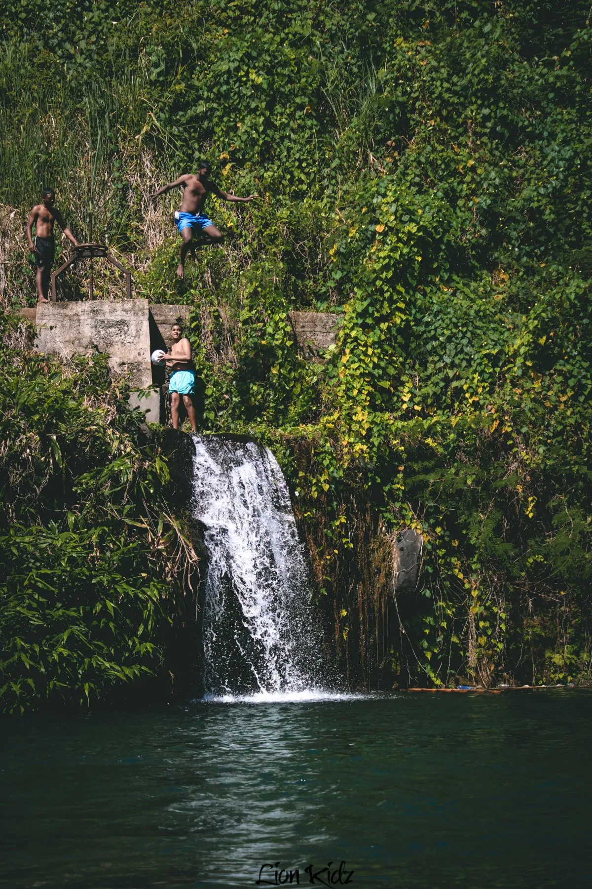 Children jumping in Marmite River near a small waterfall surrounded by green plants in Mauritius