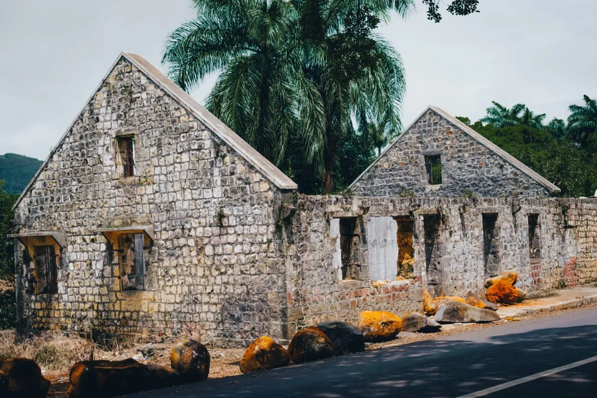 Old roofless stone building by the roadside at Riche En Eau in Mauritius