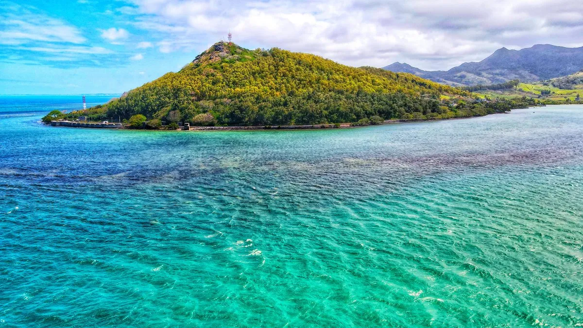 Aerial view of Pointe du Diable peninsula with dense forest and seascape in Mauritius