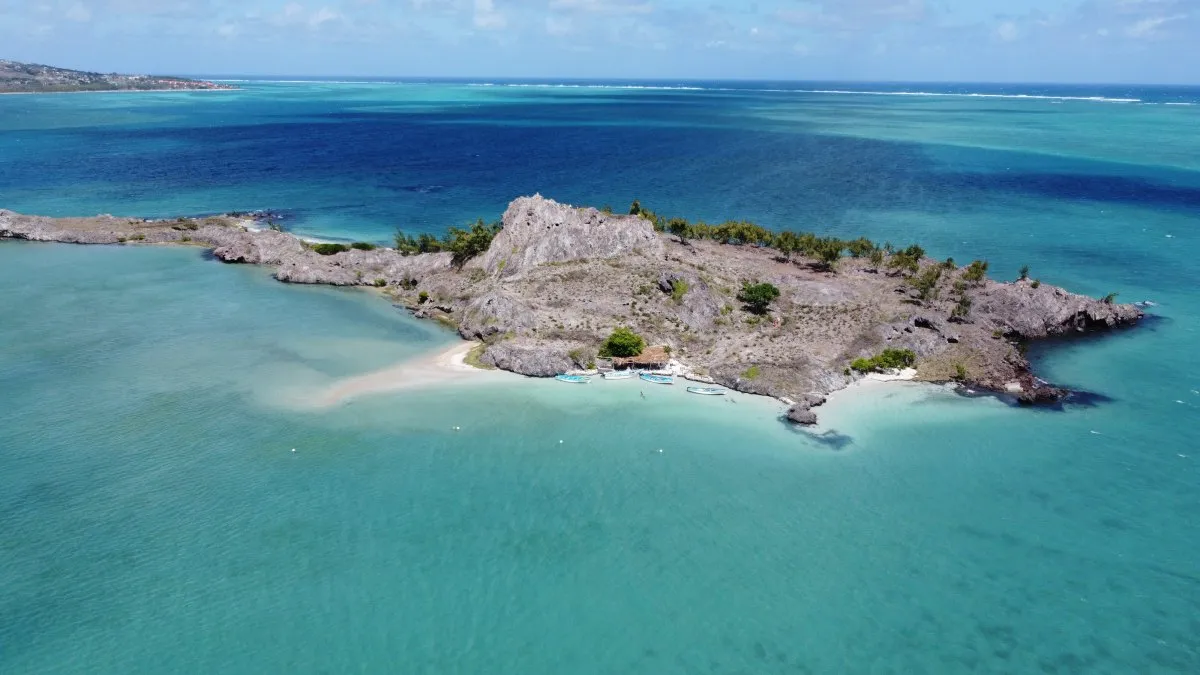 Aerial drone photo of Hermitage Island volcanic islet in Rodrigues lagoon, Mauritius