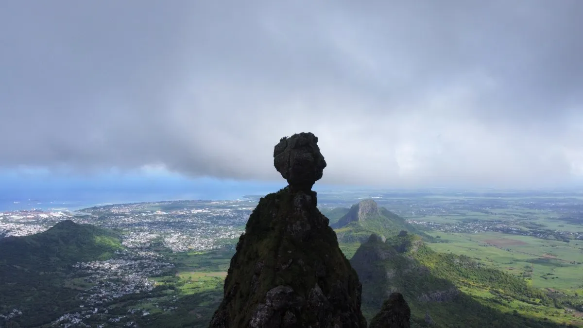 Closeup view of Pieter Both mountain rock formation in Mauritius, captured from drone aerial perspective