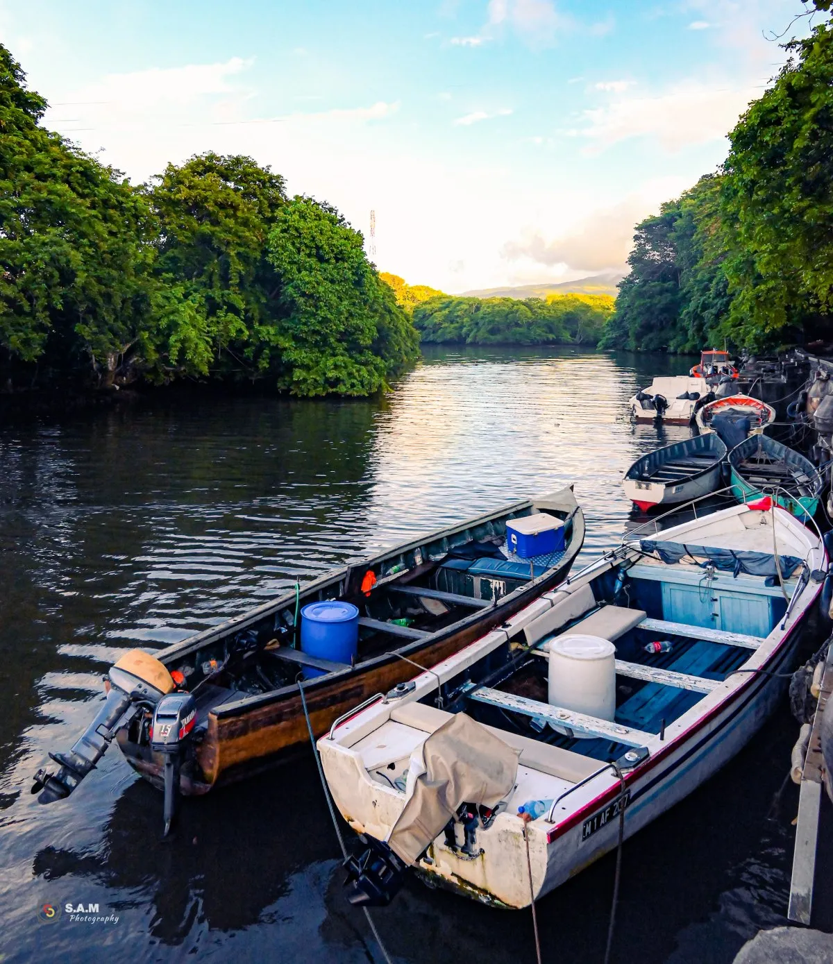 Fishing boats lined up on the Savana river shore at Le Batelage in Souillac, Mauritius