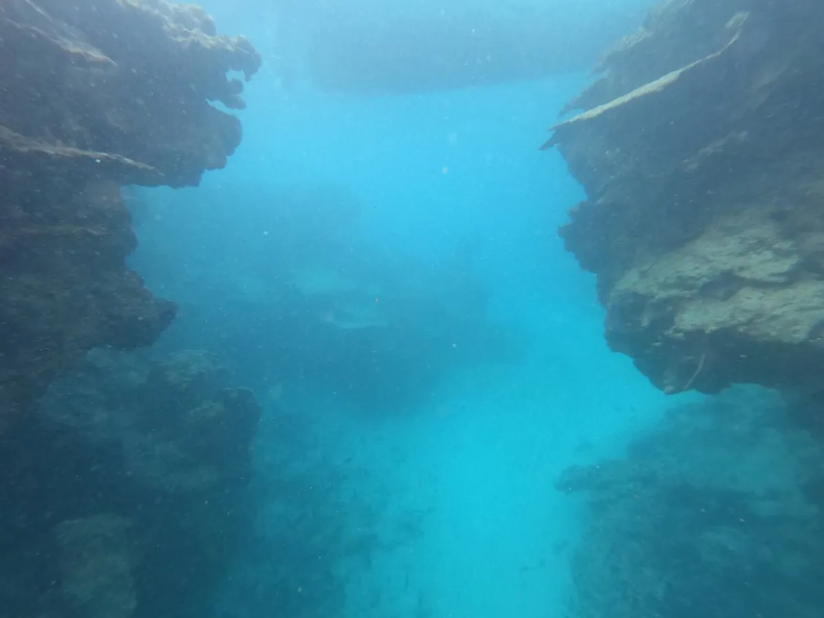 Blurred blue sea near St. Francois Reef in Rodrigues, Mauritius with rocky underwater scenery