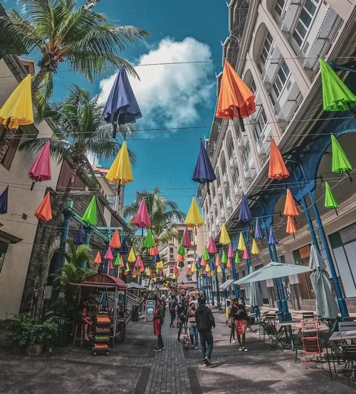 Colorful umbrellas decoration at Caudan waterfront