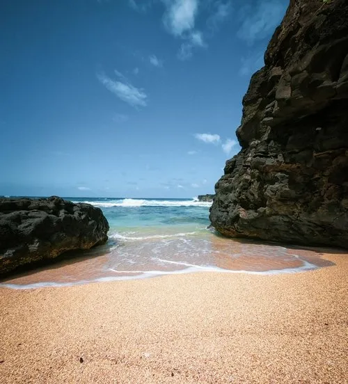 Seascape view between volcanic rocks