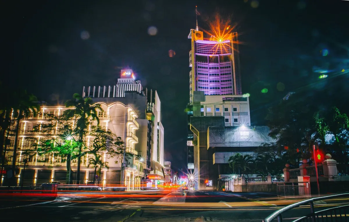 Night view of Place D'Armes intersection with Bank of Mauritius in Port Louis city center