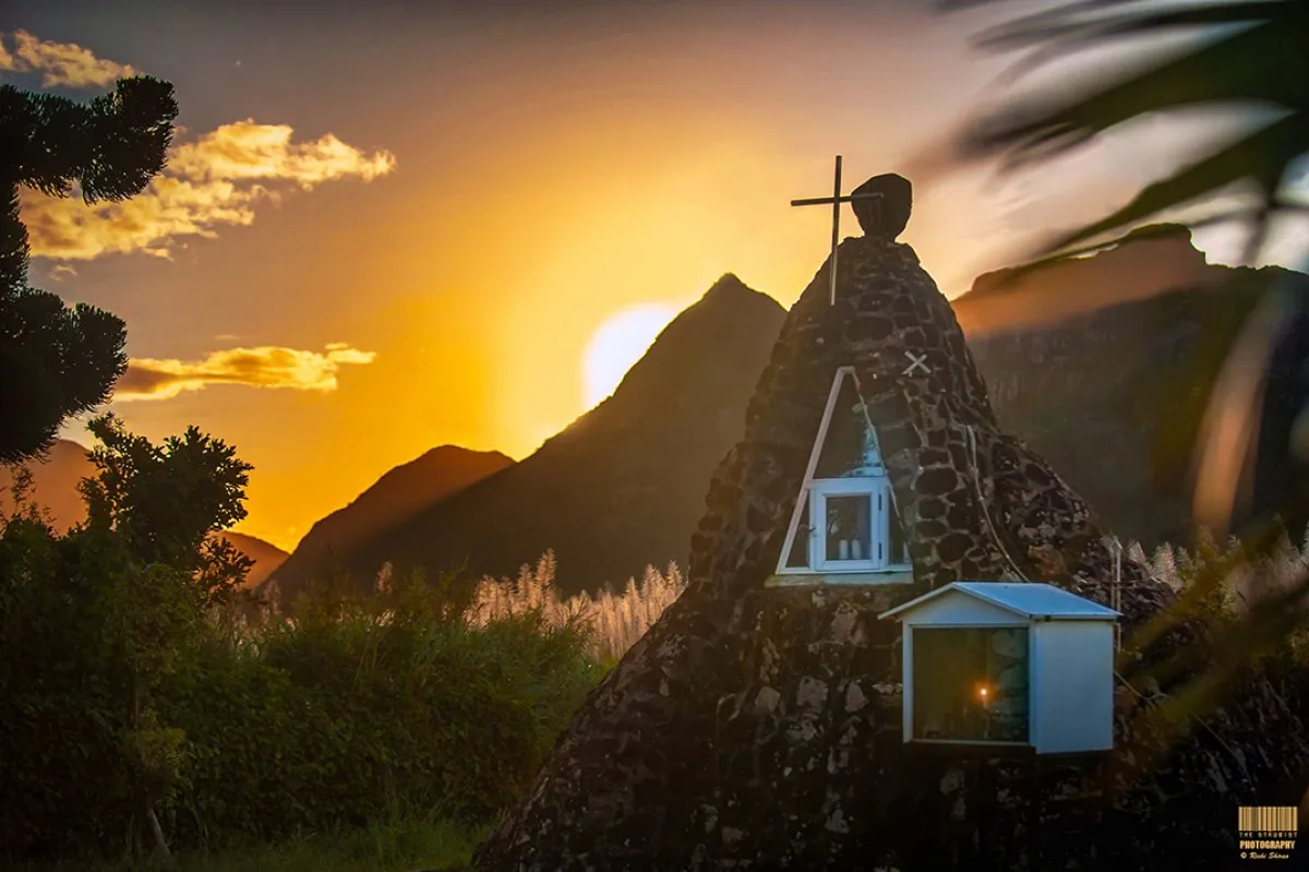 Beau Bois Chapel with mountain and sunset in Mauritius, captured by Rishi Shirao