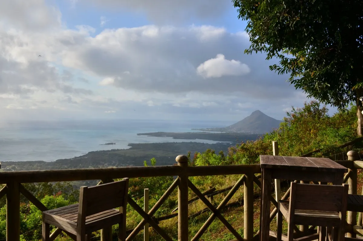 Scenic view of sea and mountains at Lakaz Chamarel with clouds and lagoon in Mauritius