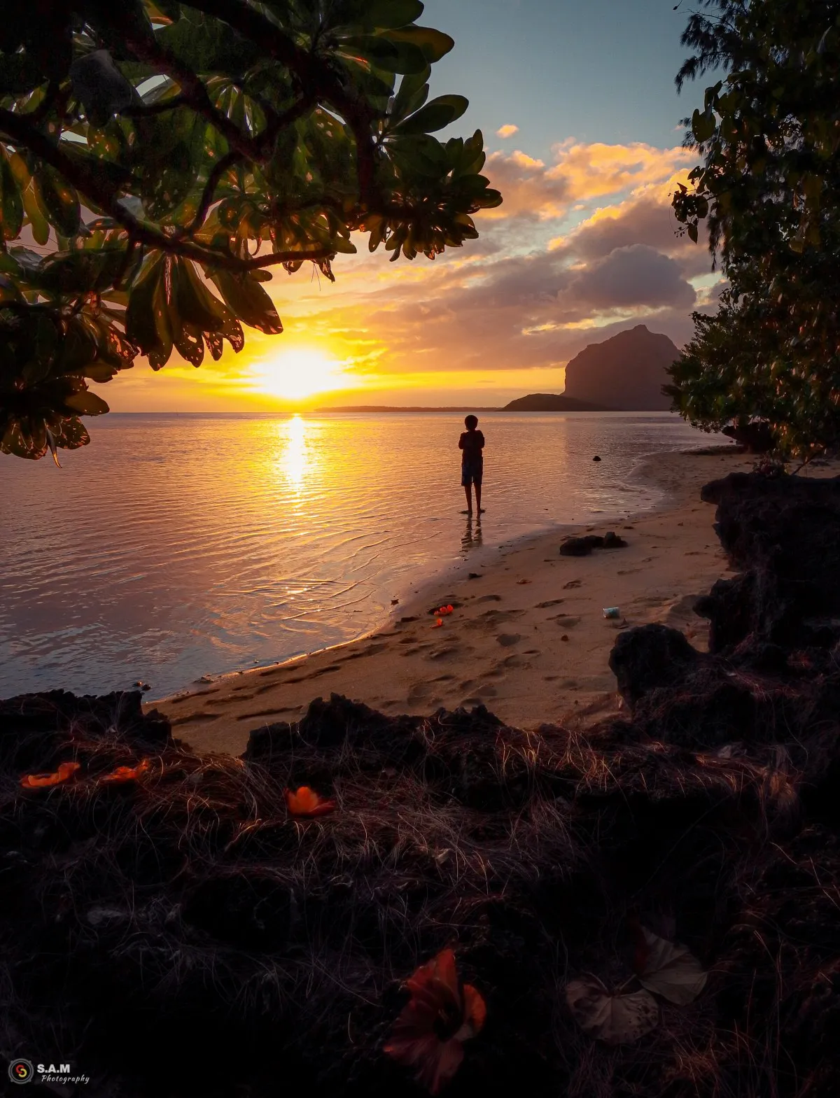 Man standing in the sea at La Prairie beach watching sunset with Le Morne Brabant in the background in Mauritius