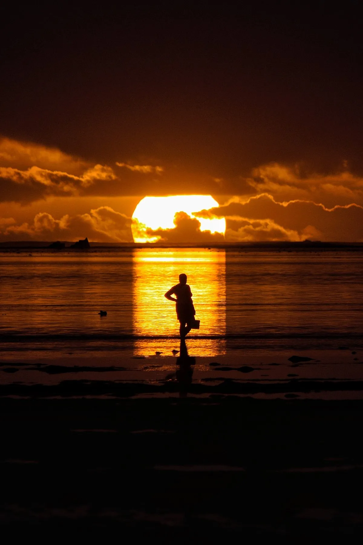 Silhouette of a man walking in front of a sunset over the sea at Baie du Cap, Mauritius