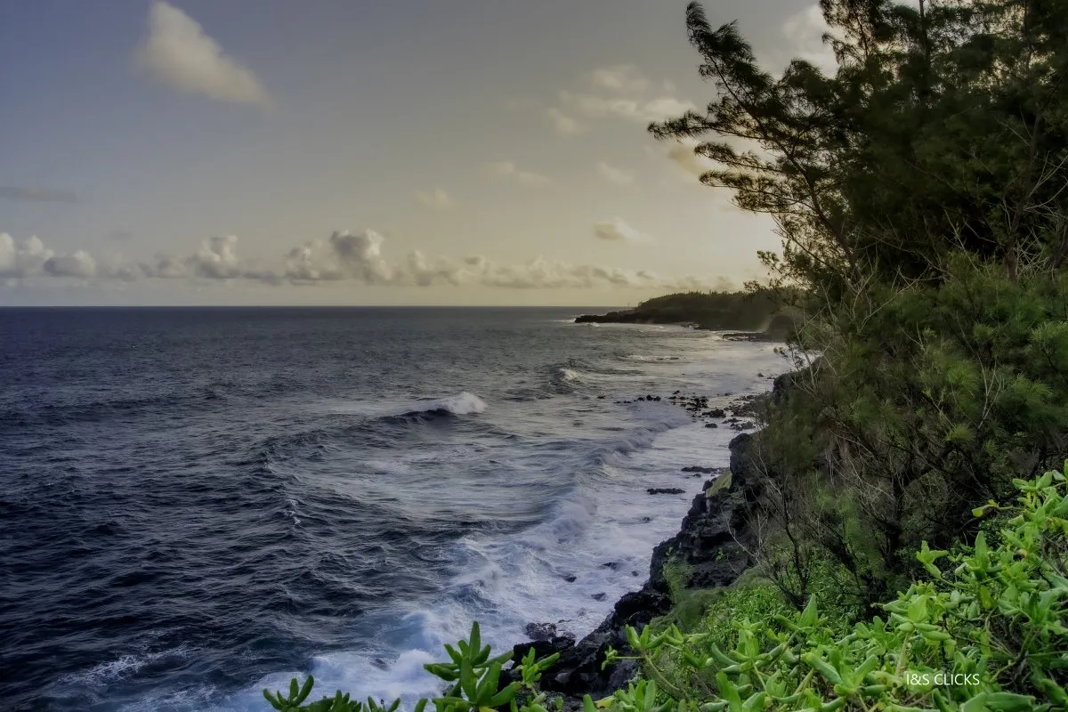 Black stoned cliffs with waves crashing and white foam near Andrea Lodge in Mauritius