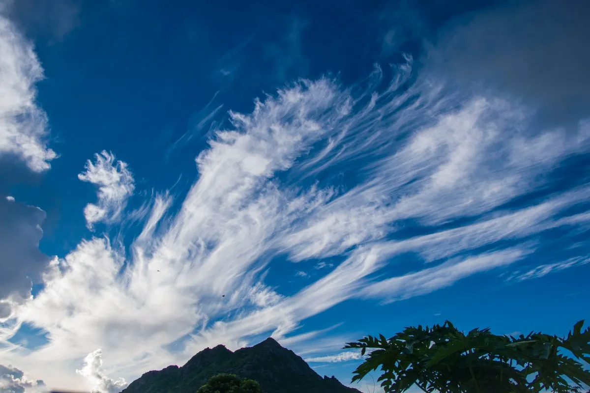 Windy cirrus clouds against a deep blue sky over Mauritius