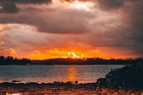 Golden hour during sunset at blue bay