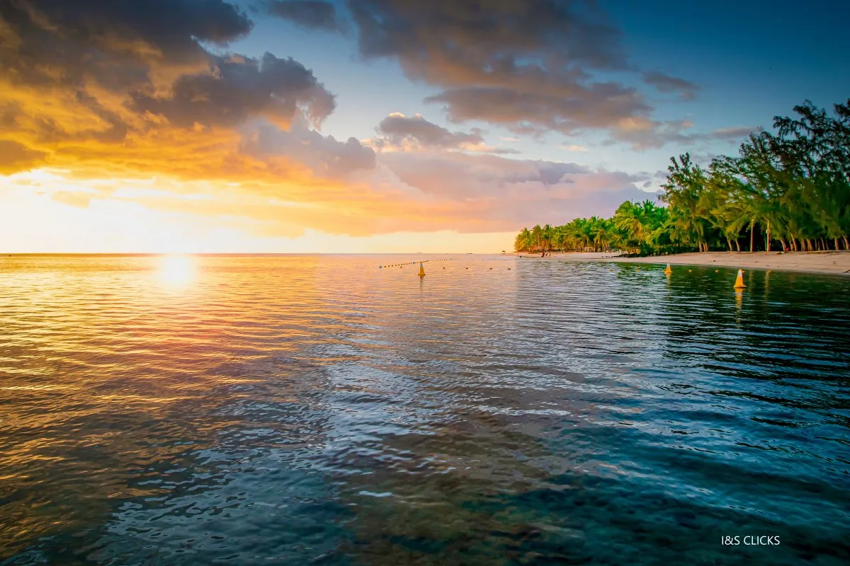 Sunset over Wolmar Beach with tranquil clouds in Mauritius near Flic en Flac