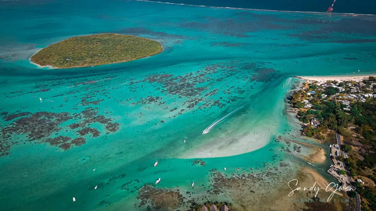 Aerial landscape of Ile Aux Aigrettes island in south-east Mauritius captured by drone
