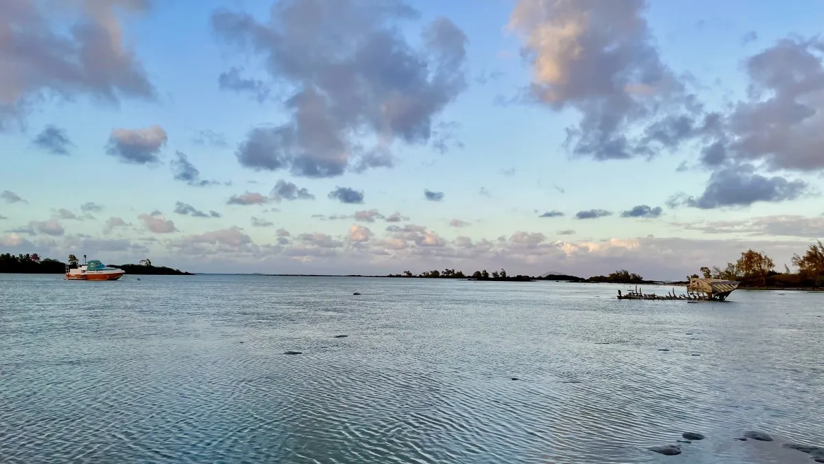 View of Anse la Raie Public Beach and lagoon in northern Mauritius on a clear day