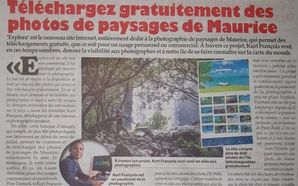 Le Défi Quotidien newspaper article about Explora as a new photography website for Mauritius landscapes