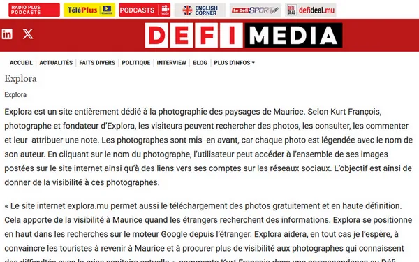Le Défi Plus newspaper article about Explora, a website dedicated to the photography of Mauritius landscapes