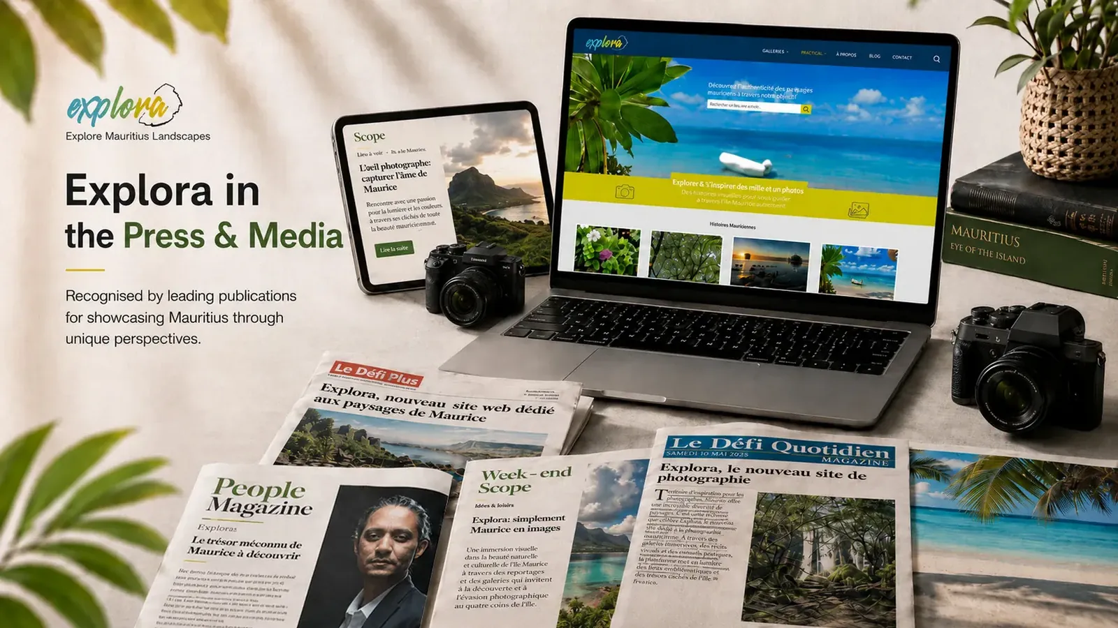 Explora in the Press and Media banner showing the Explora website on a laptop, newspapers, magazines, a tablet, cameras and Mauritius landscape photography